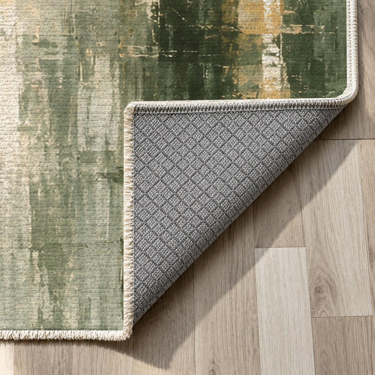 Rainy Boulevard Sage Modern Washable Rug — backing close up