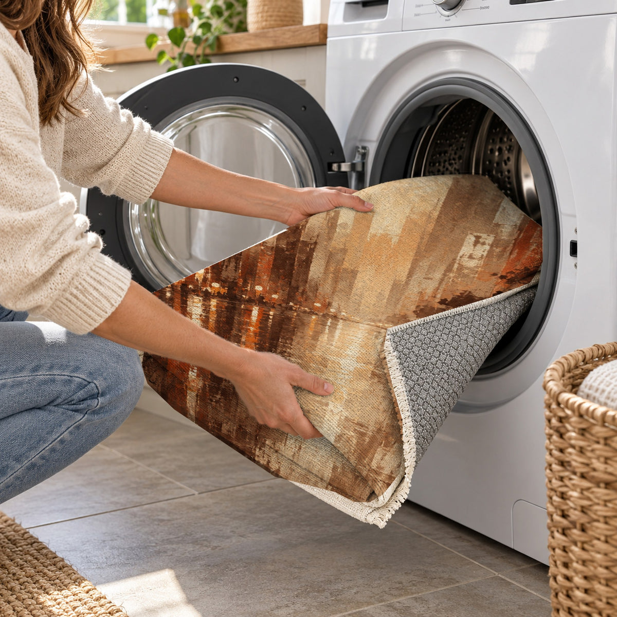 Rainy Boulevard Terracotta Modern Washable Rug — washing machine