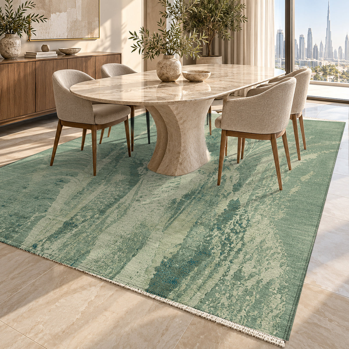 Reed Aqua Abstract Washable Rug — dubai dining
