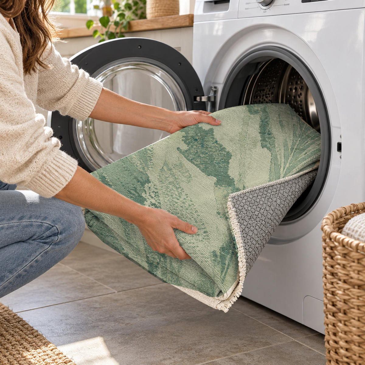 Reed Aqua Abstract Washable Rug — washing machine