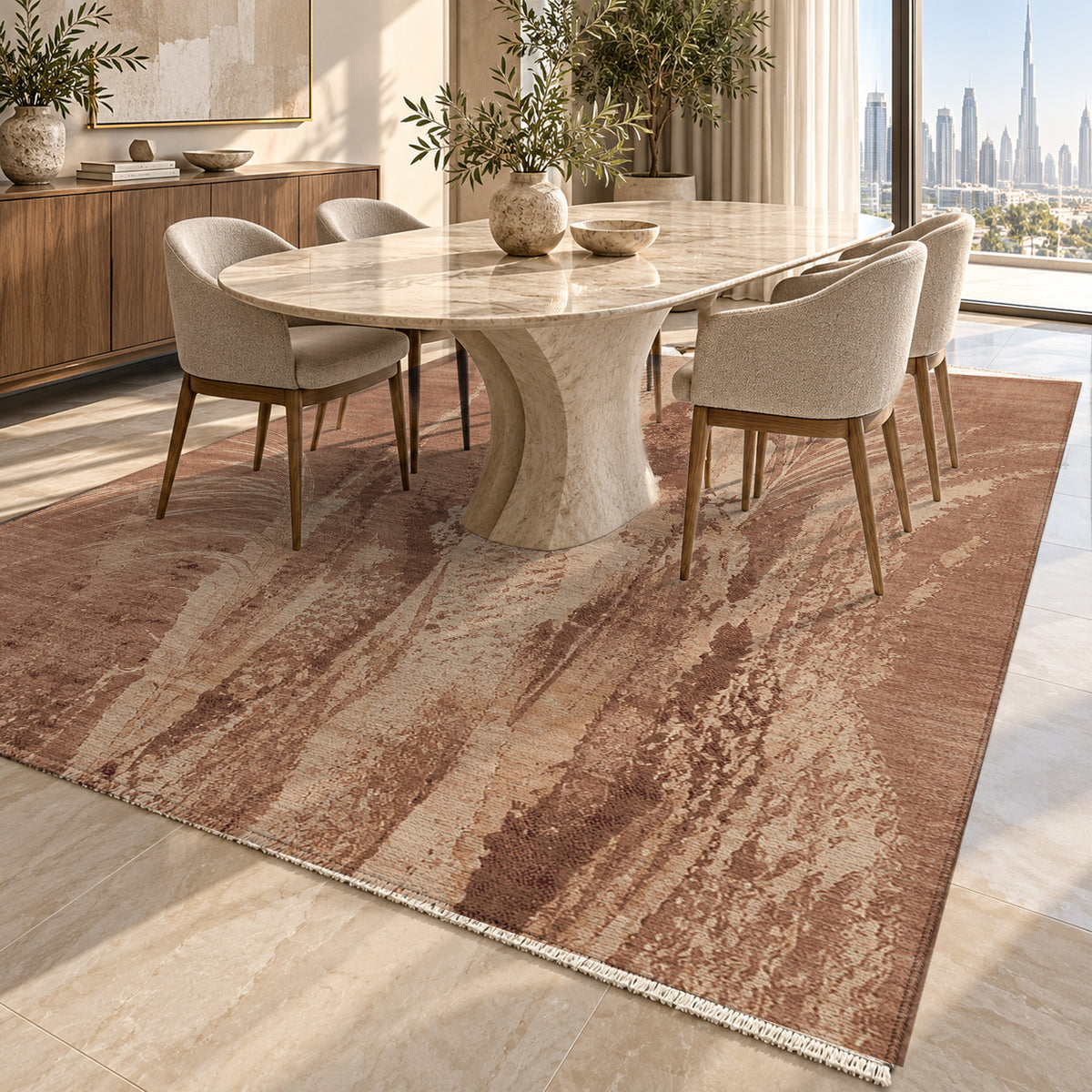 Reed Terracotta Abstract Washable Rug — dubai dining