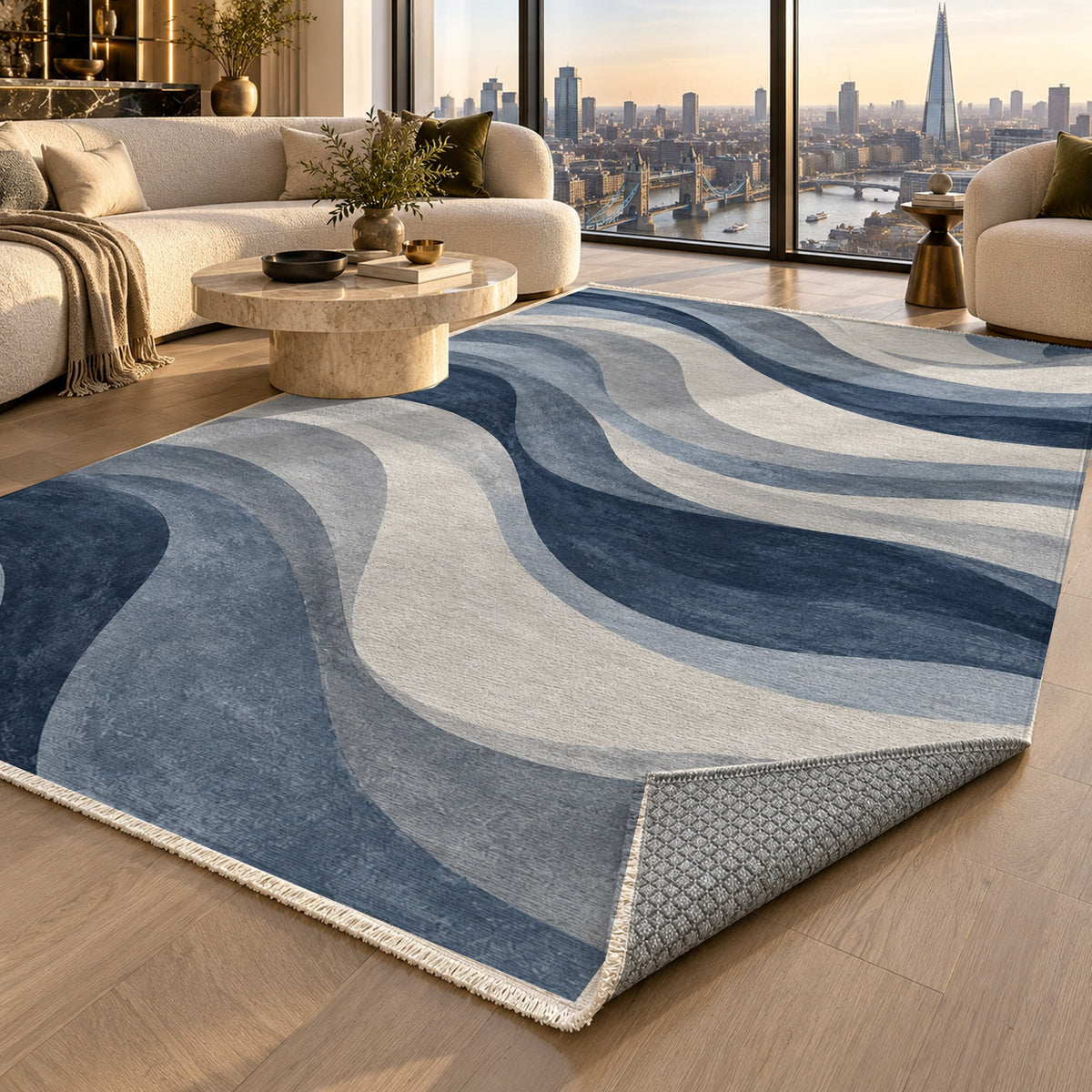 Ripple Study Blue Grey Modern Washable Rug — london luxury living