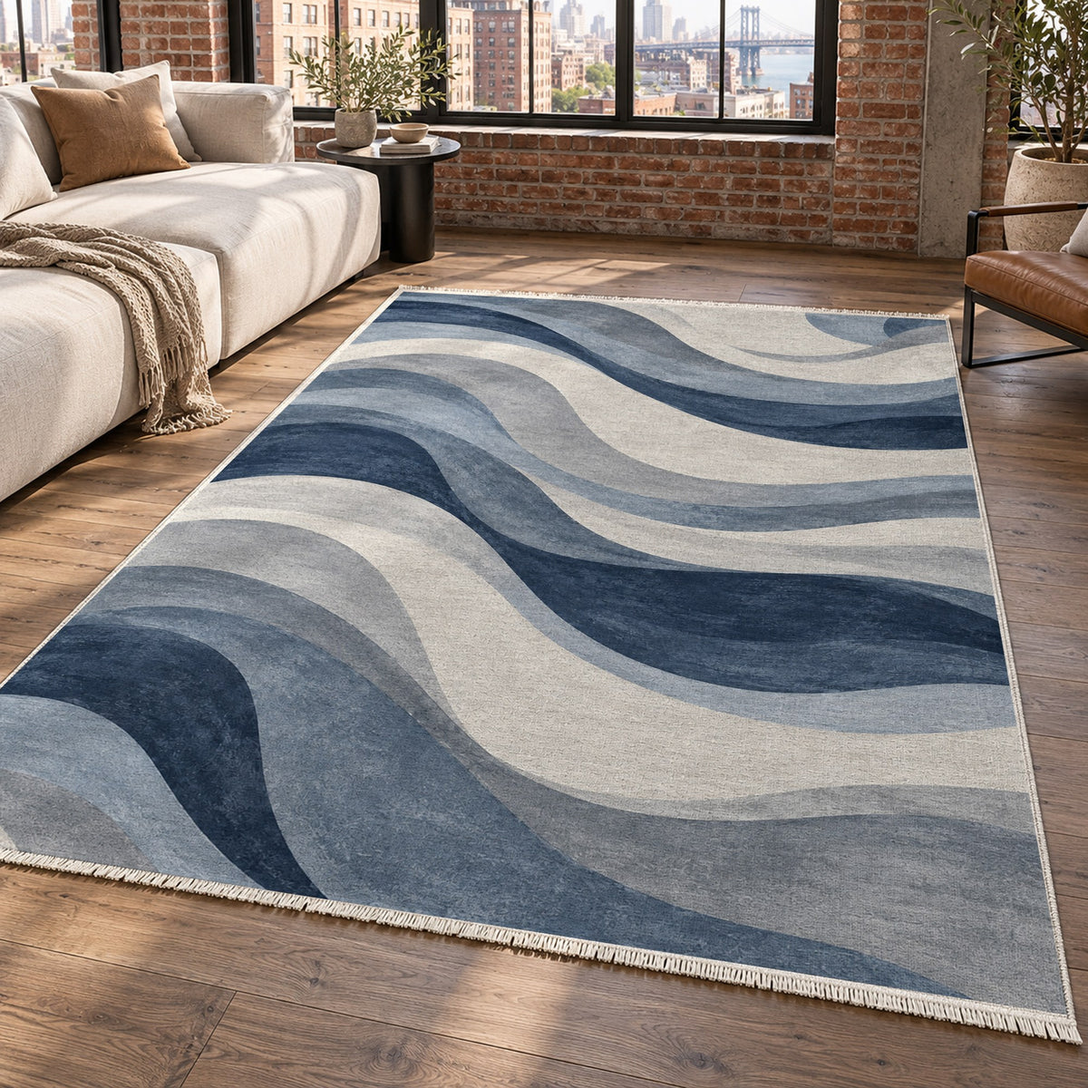 Ripple Study Blue Grey Modern Washable Rug — new york living