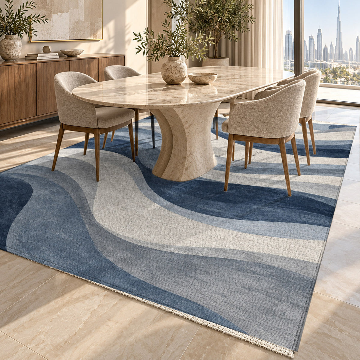 Ripple Study Blue Grey Modern Washable Rug — dubai dining