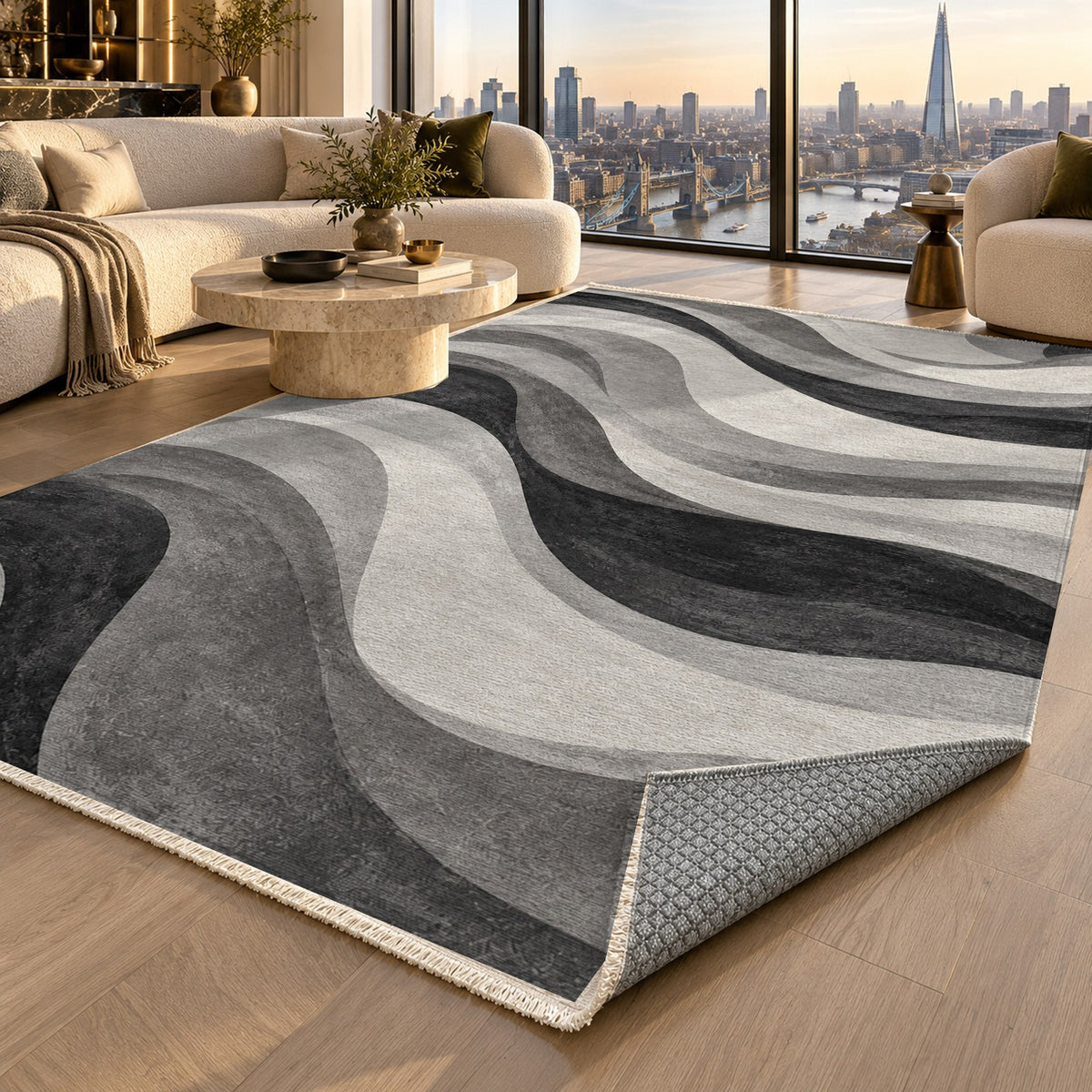 Ripple Study Charcoal Ivory Modern Washable Rug — london luxury living