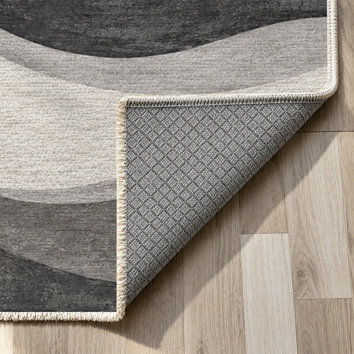 Ripple Study Charcoal Ivory Modern Washable Rug — backing close up