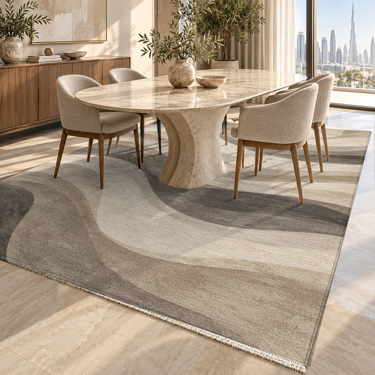 Ripple Study Ivory Taupe Modern Washable Rug — dubai dining