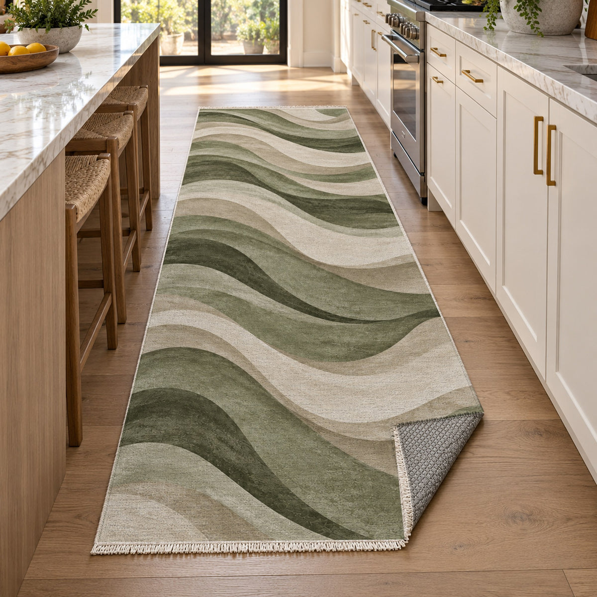 Ripple Study Sage Sand Modern Washable Rug — new york kitchen runner