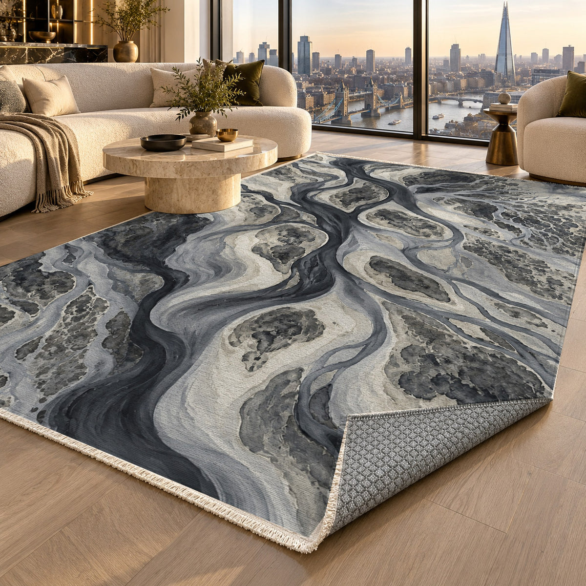 River Delta Charcoal Abstract Washable Rug — london luxury living