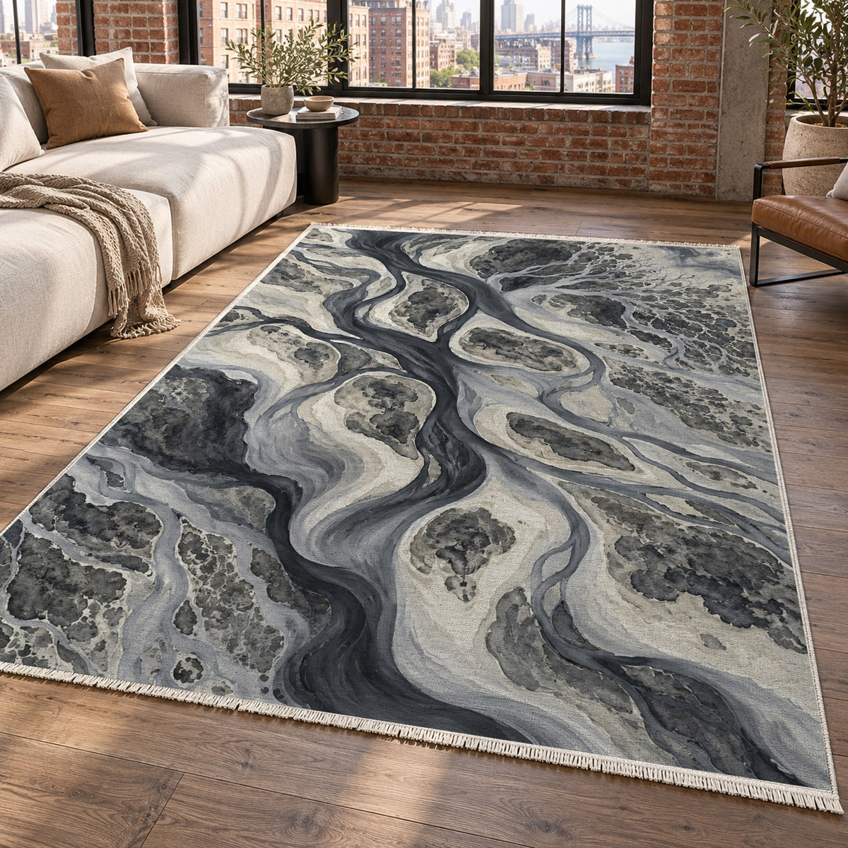 River Delta Charcoal Abstract Washable Rug — new york living