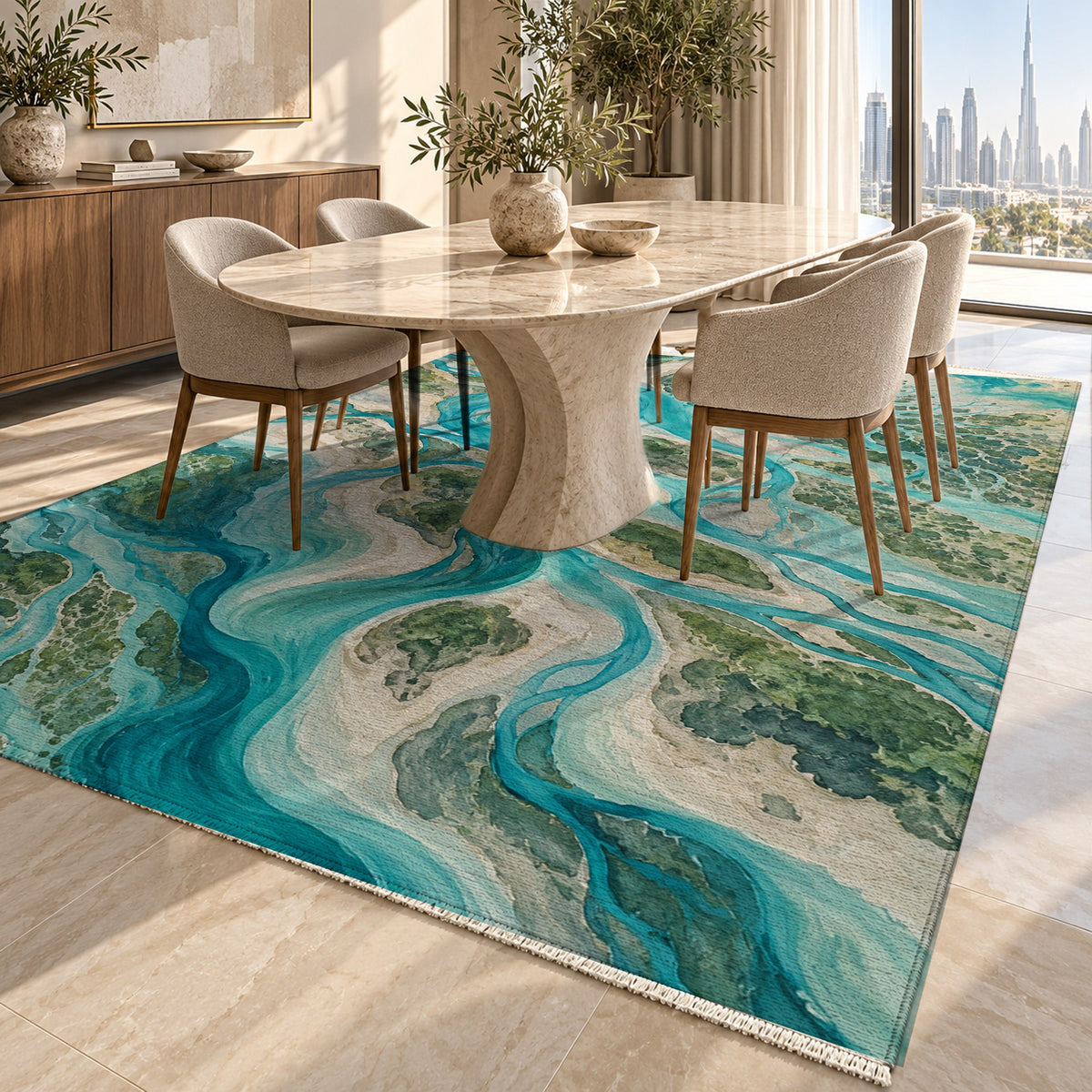 River Delta II Abstract Washable Rug — dubai dining