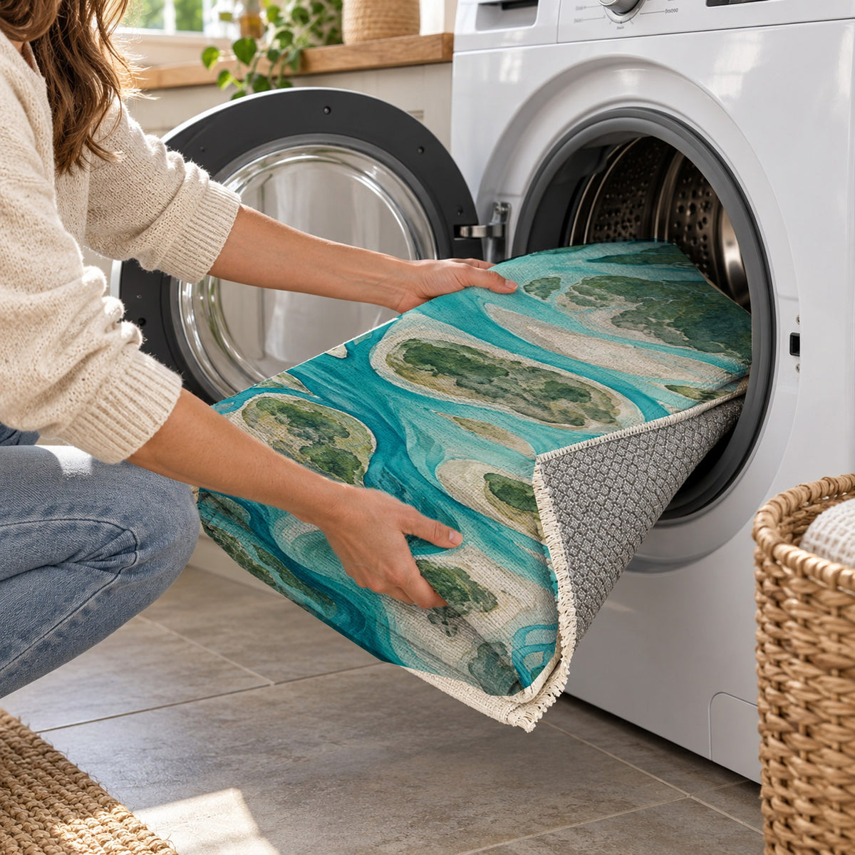 River Delta II Abstract Washable Rug — washing machine