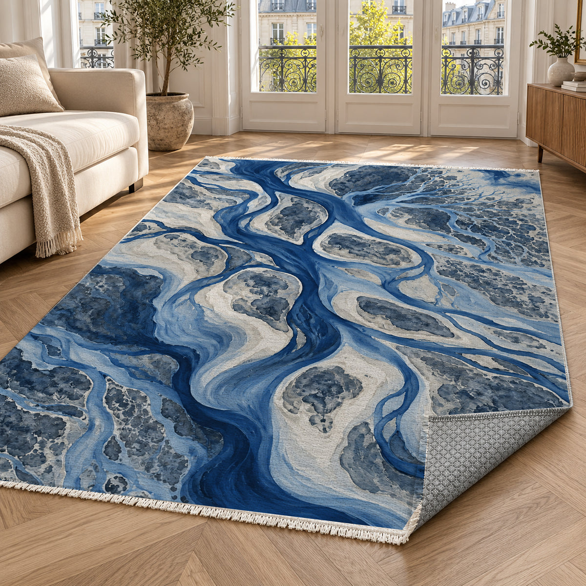 River Delta Indigo Abstract Washable Rug — paris living