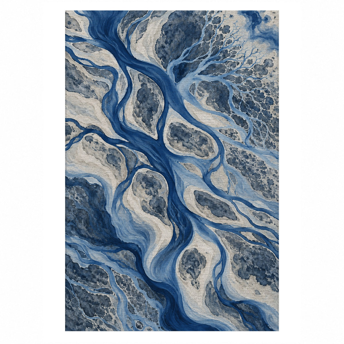 River Delta Indigo Abstract Washable Rug — top view