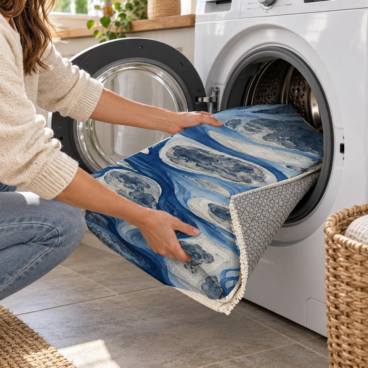 River Delta Indigo Abstract Washable Rug — washing machine