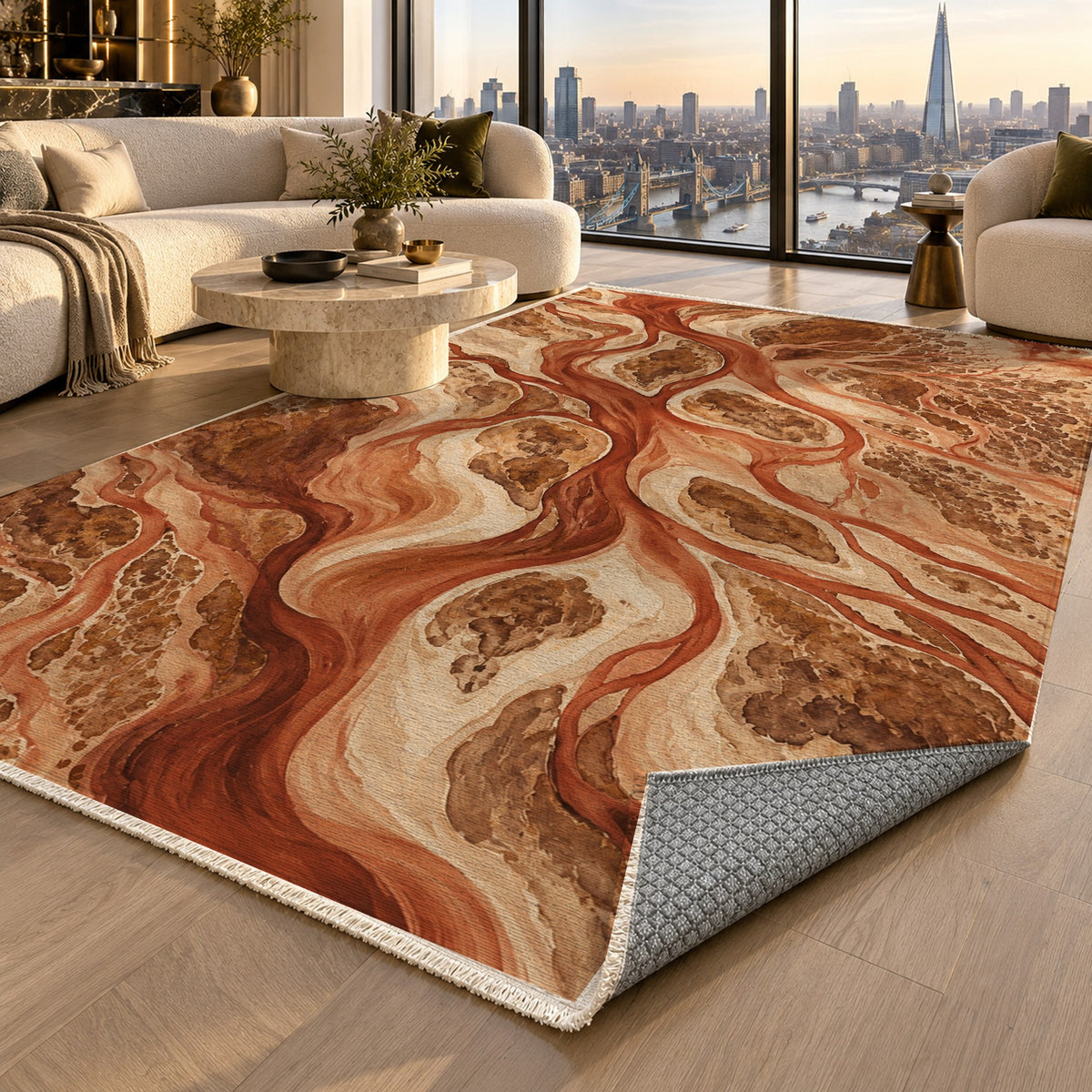 River Delta Terracotta Abstract Washable Rug — london luxury living