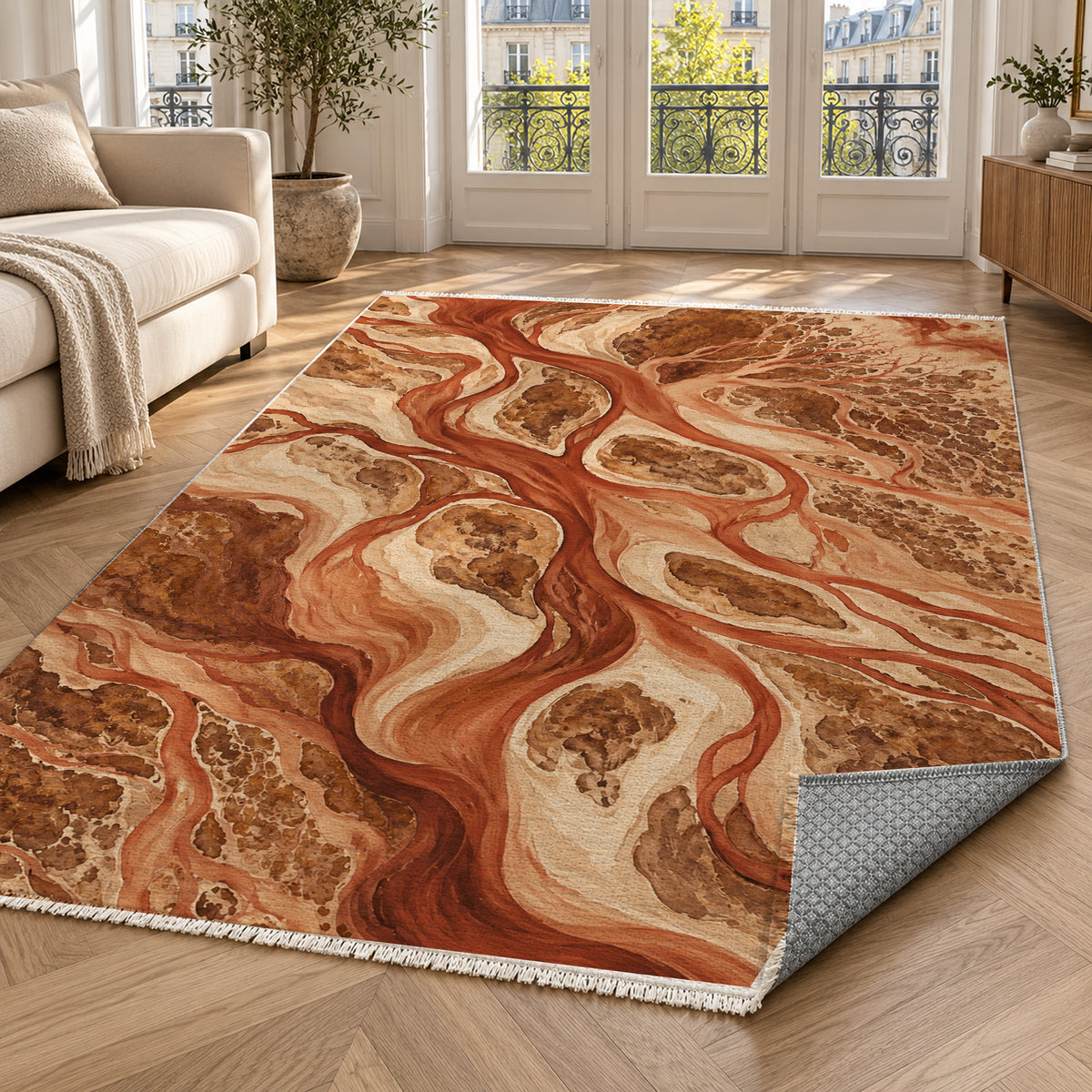 River Delta Terracotta Abstract Washable Rug — paris living
