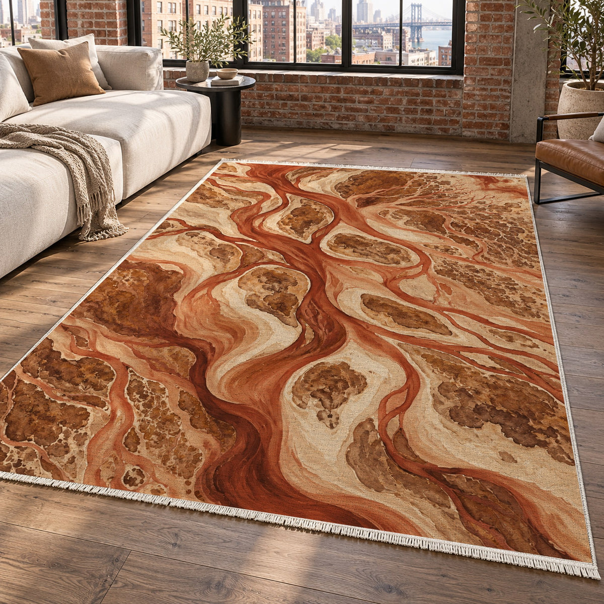 River Delta Terracotta Abstract Washable Rug — new york living