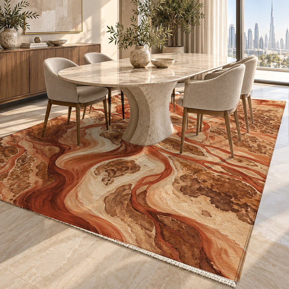 River Delta Terracotta Abstract Washable Rug — dubai dining