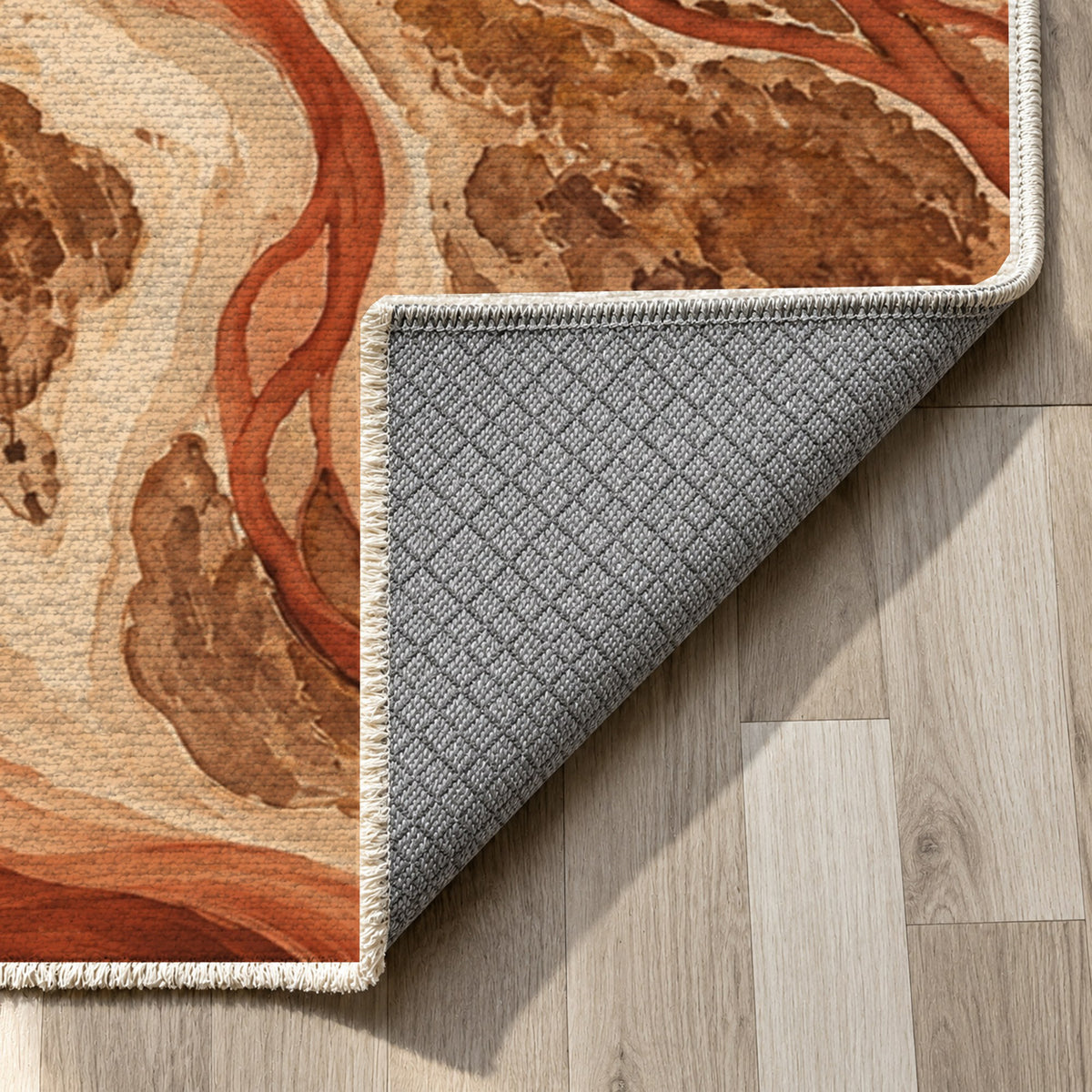 River Delta Terracotta Abstract Washable Rug — backing close up