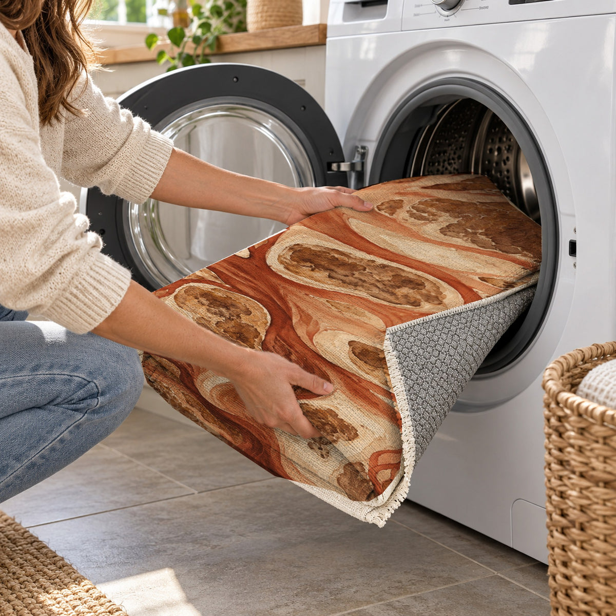 River Delta Terracotta Abstract Washable Rug — washing machine