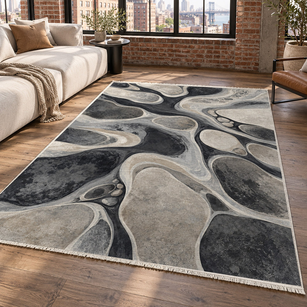 River Stones Charcoal Abstract Washable Rug — new york living