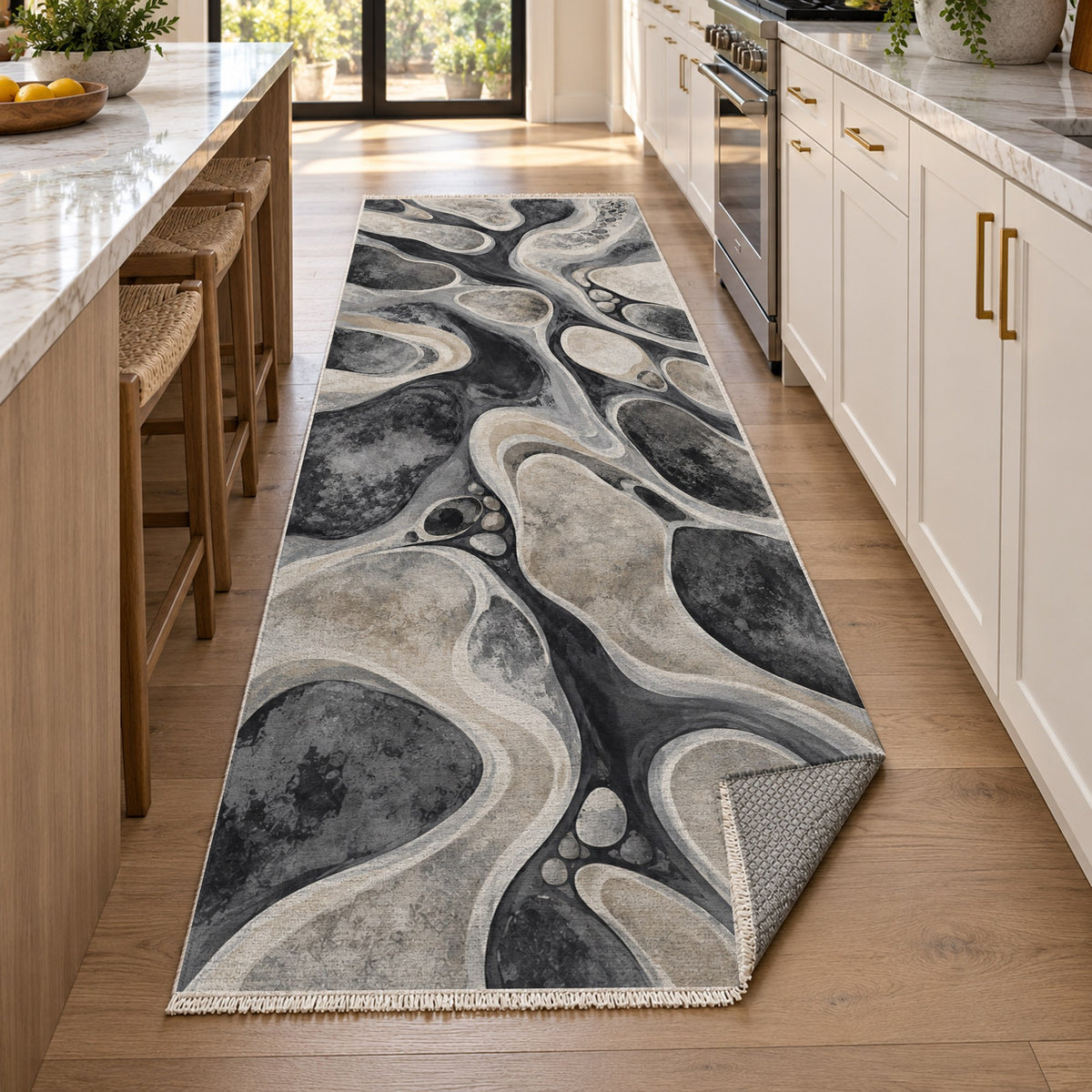 River Stones Charcoal Abstract Washable Rug — new york kitchen runner