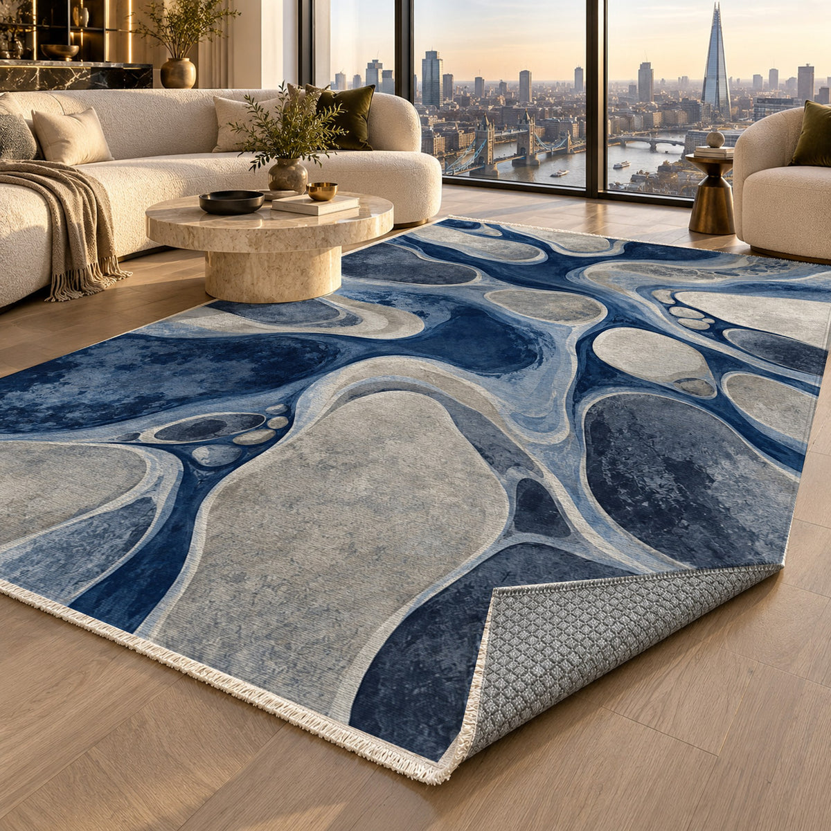 River Stones Indigo Abstract Washable Rug — london luxury living