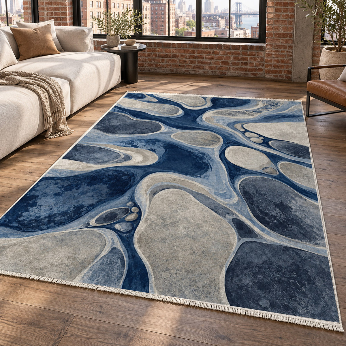River Stones Indigo Abstract Washable Rug — new york living