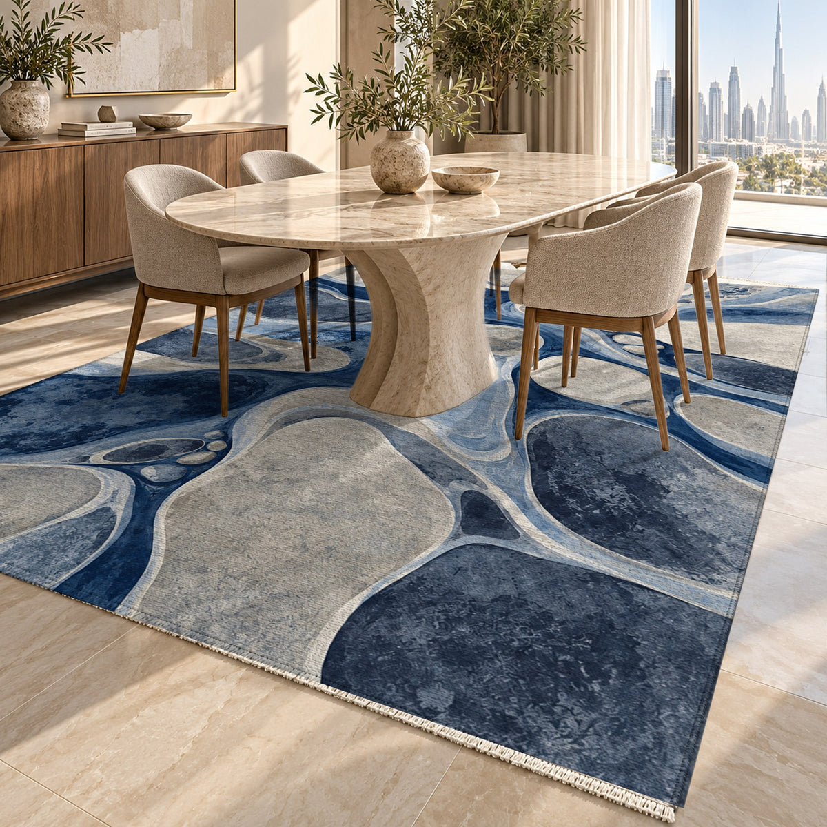 River Stones Indigo Abstract Washable Rug — dubai dining