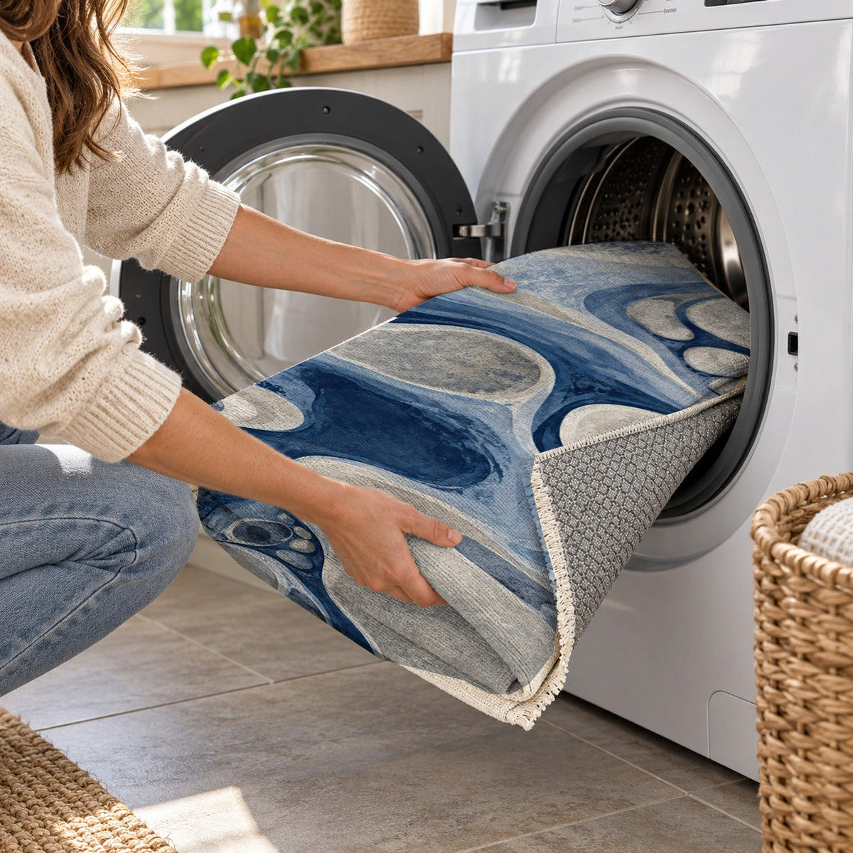 River Stones Indigo Abstract Washable Rug — washing machine
