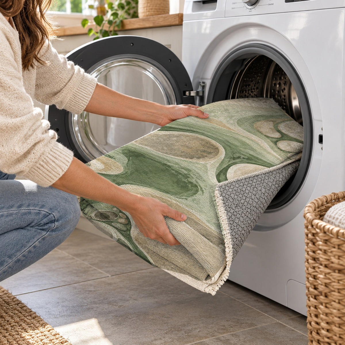 River Stones Sage Abstract Washable Rug — washing machine