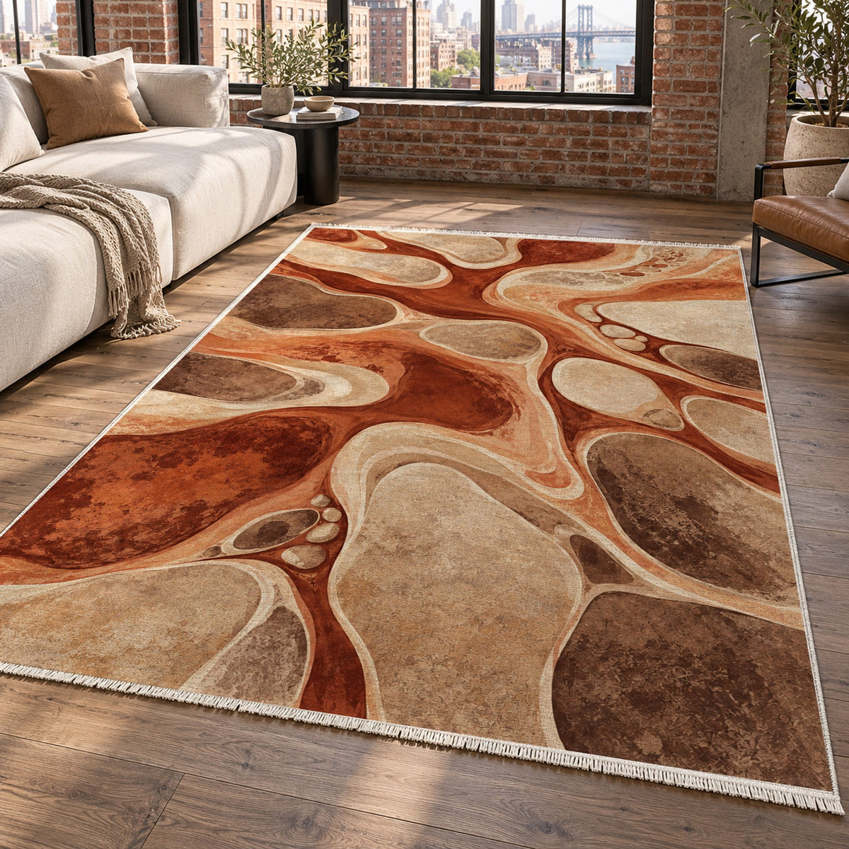 River Stones Terracotta Abstract Washable Rug — new york living