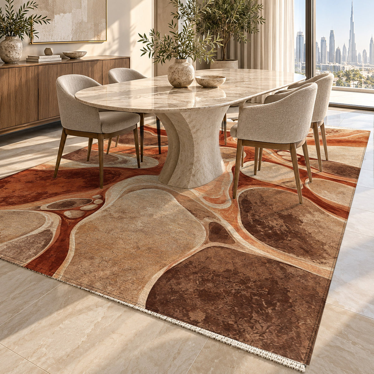 River Stones Terracotta Abstract Washable Rug — dubai dining