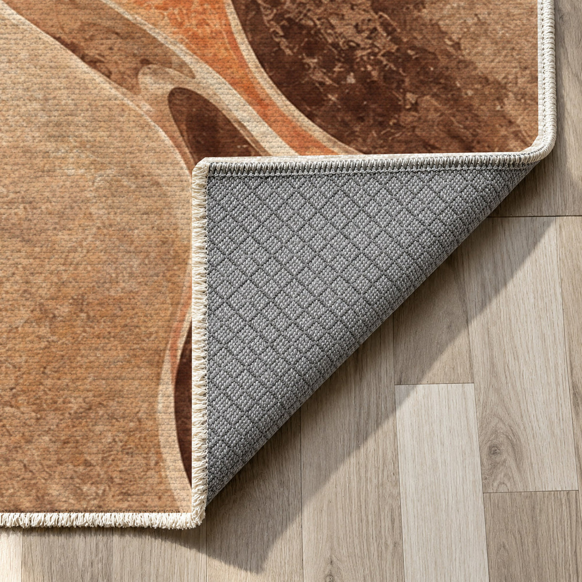 River Stones Terracotta Abstract Washable Rug — backing close up