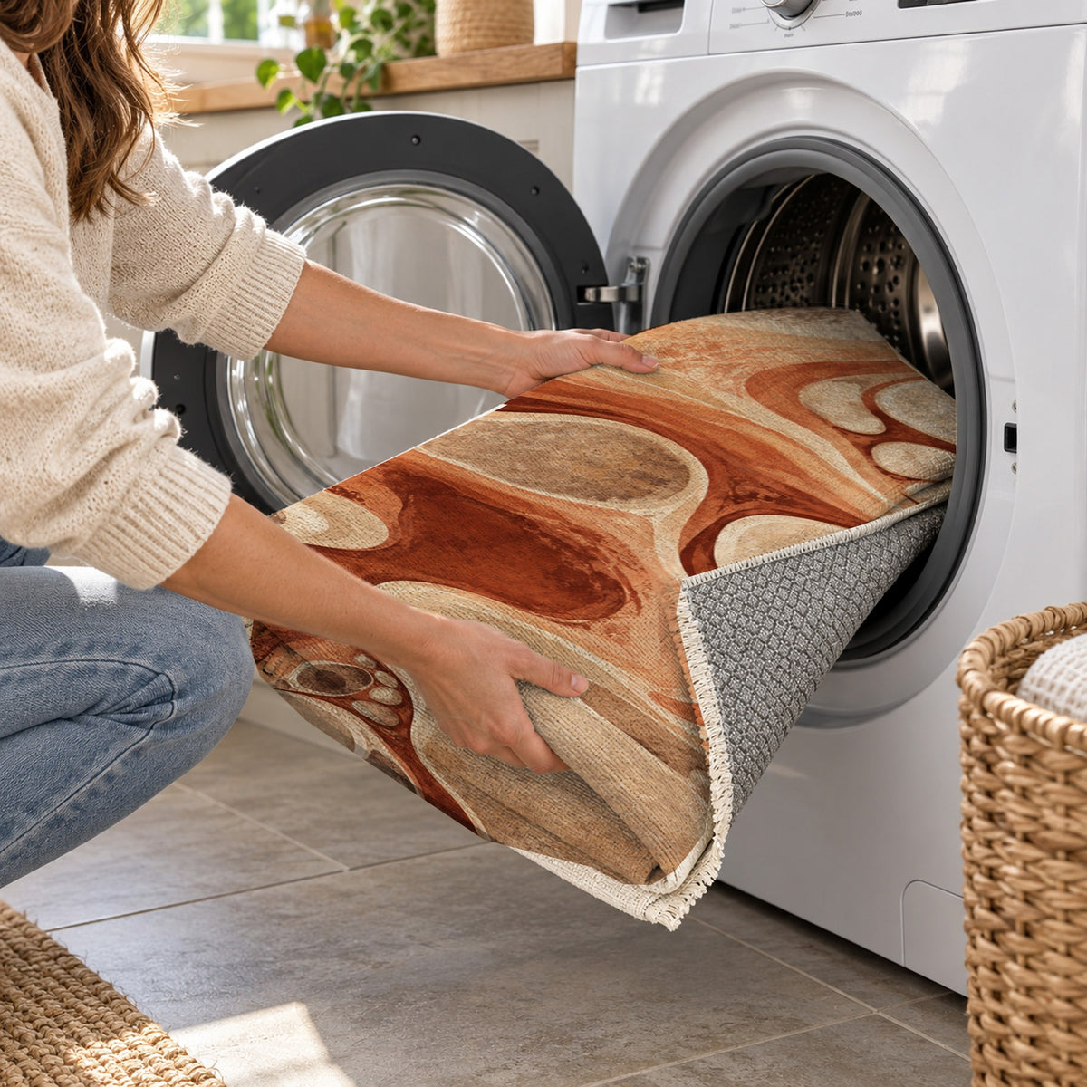 River Stones Terracotta Abstract Washable Rug — washing machine