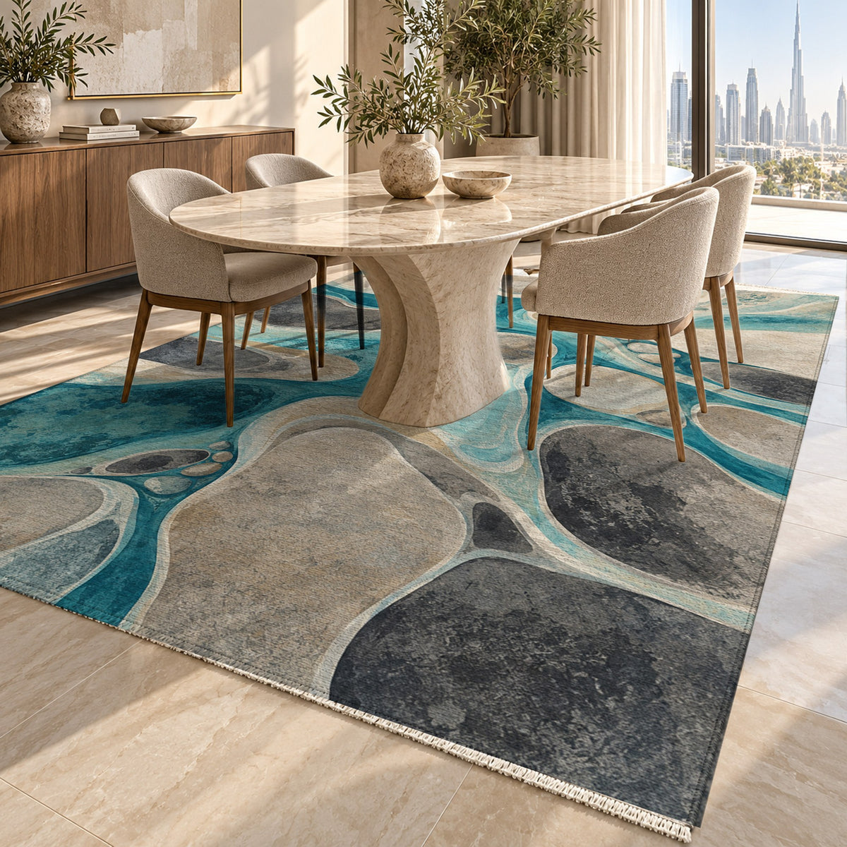 River Stones Abstract Washable Rug — dubai dining