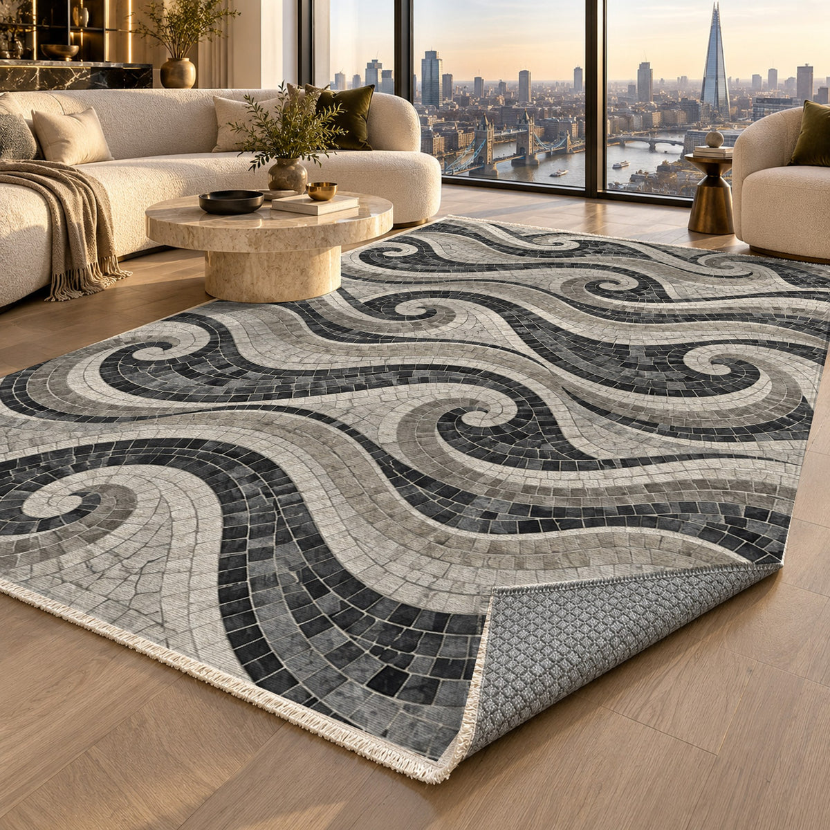 Roman Waves Charcoal Geometric Washable Rug — london luxury living