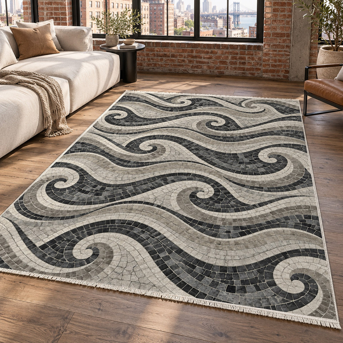 Roman Waves Charcoal Geometric Washable Rug — new york living