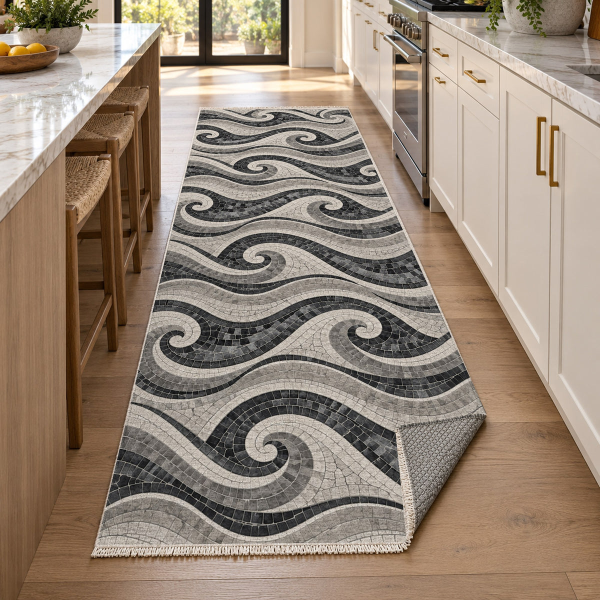 Roman Waves Charcoal Geometric Washable Rug — new york kitchen runner