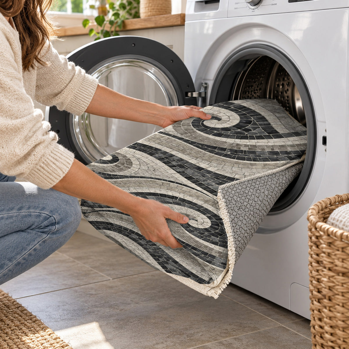 Roman Waves Charcoal Geometric Washable Rug — washing machine