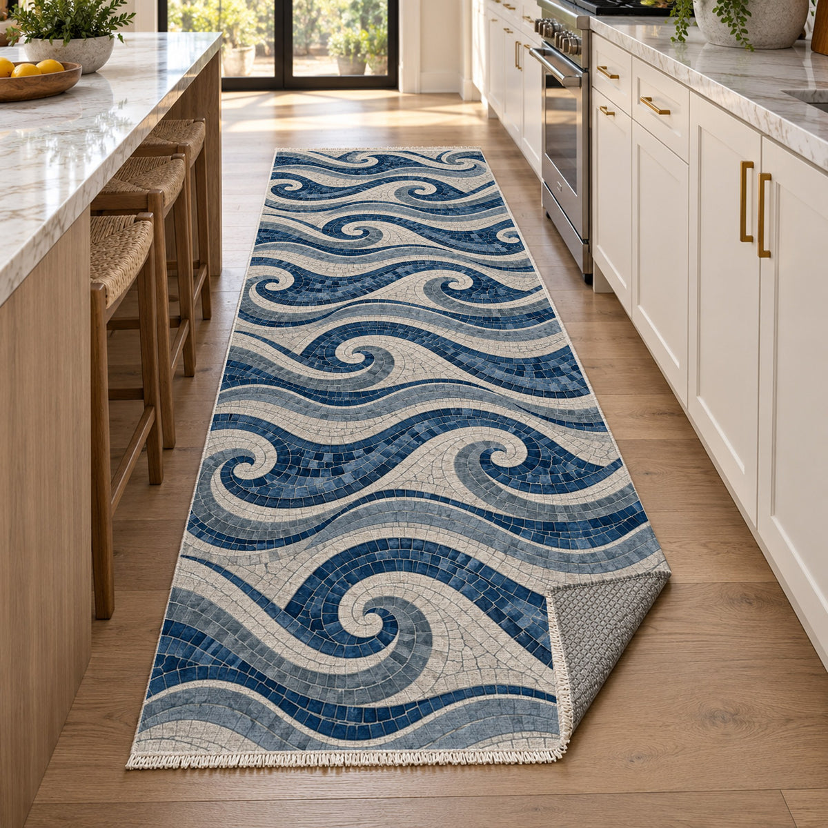 Roman Waves Indigo Geometric Washable Rug — new york kitchen runner
