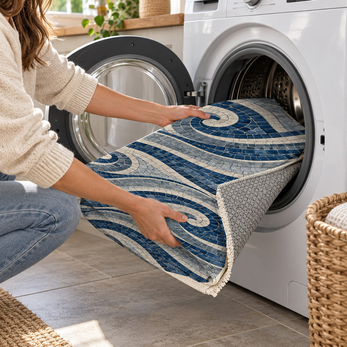 Roman Waves Indigo Geometric Washable Rug — washing machine