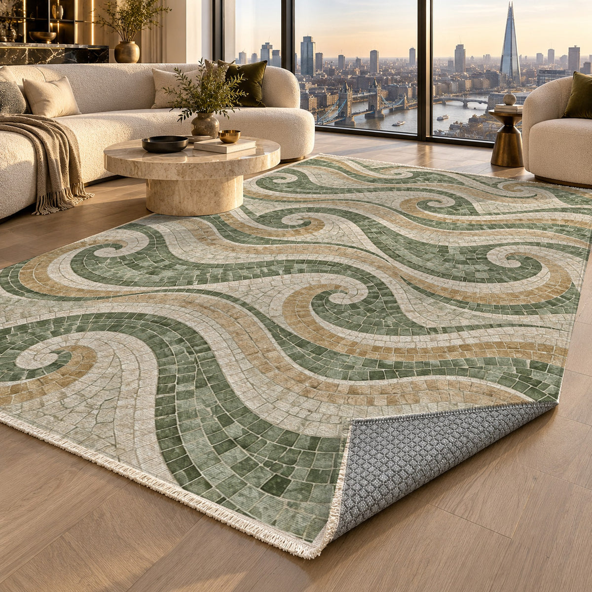 Roman Waves Sage Geometric Washable Rug — london luxury living