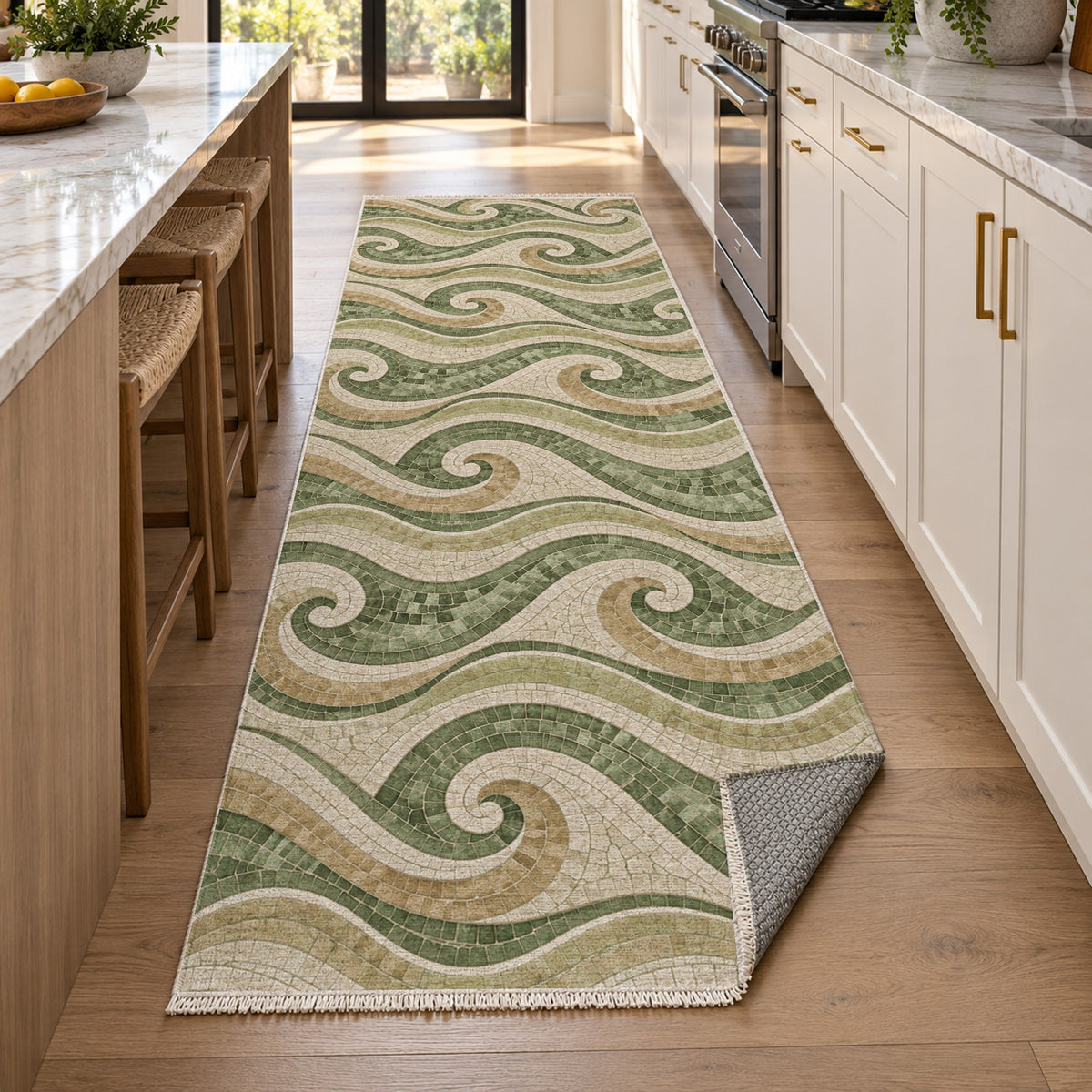 Roman Waves Sage Geometric Washable Rug — new york kitchen runner
