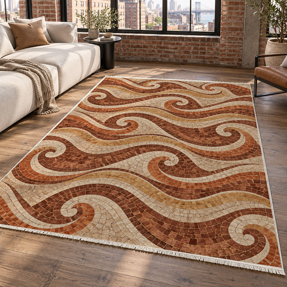 Roman Waves Terracotta Geometric Washable Rug — new york living