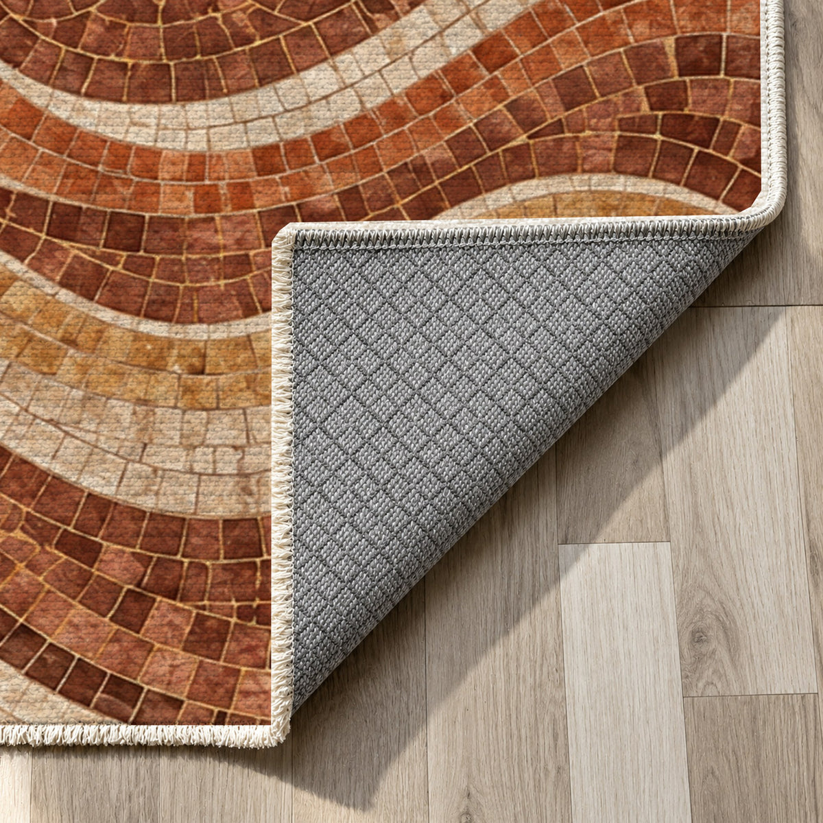 Roman Waves Terracotta Geometric Washable Rug — backing close up
