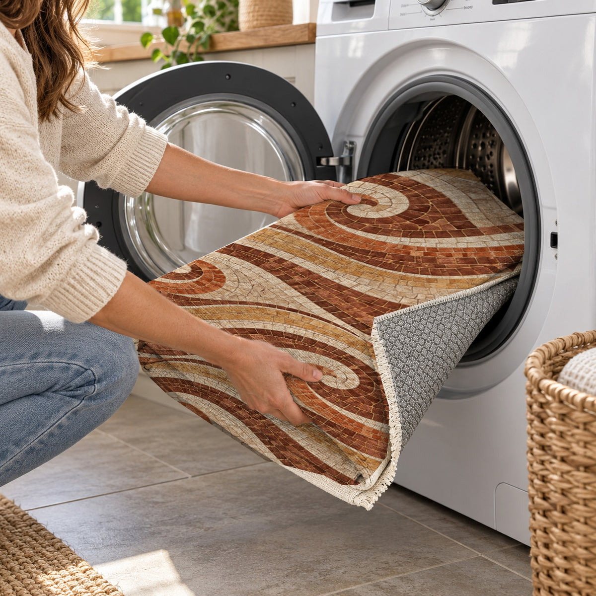 Roman Waves Terracotta Geometric Washable Rug — washing machine