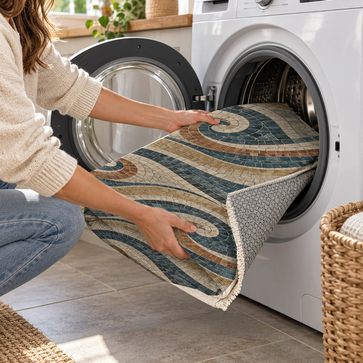 Roman Waves Geometric Washable Rug — washing machine