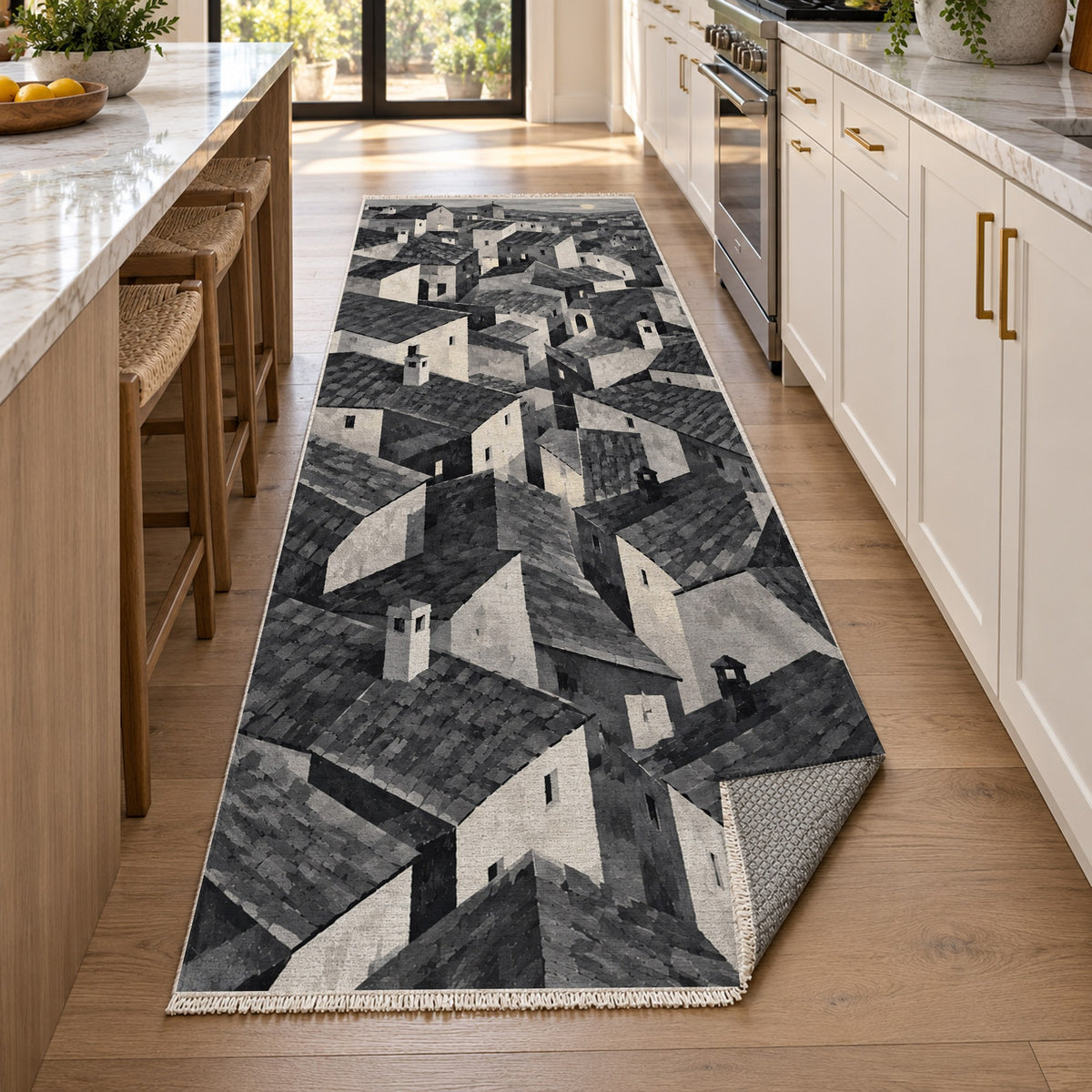 Rooftop Rhythm Charcoal Modern Washable Rug — new york kitchen runner